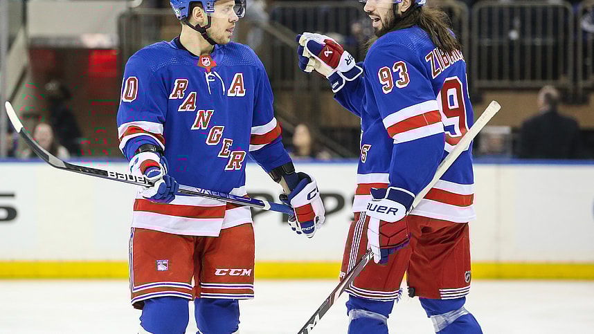 New York Rangers left wing Artemi Panarin (10) and center Mika Zibanejad (93) talk at the start of the game against the Vancouver Canucks at Madison Square Garden