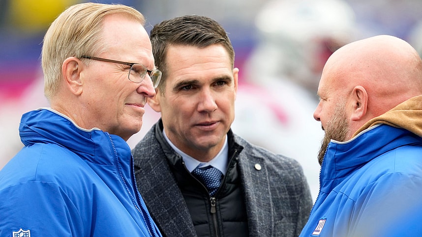 President of the New York Giants, John Mara (left) and New York Giants General Manager, Joe Schoen, speak with New York Giants Head Coach, Brian Daboll, at MetLife Stadium before their team hosts the New England Patriots, Sunday, November 26, 2023