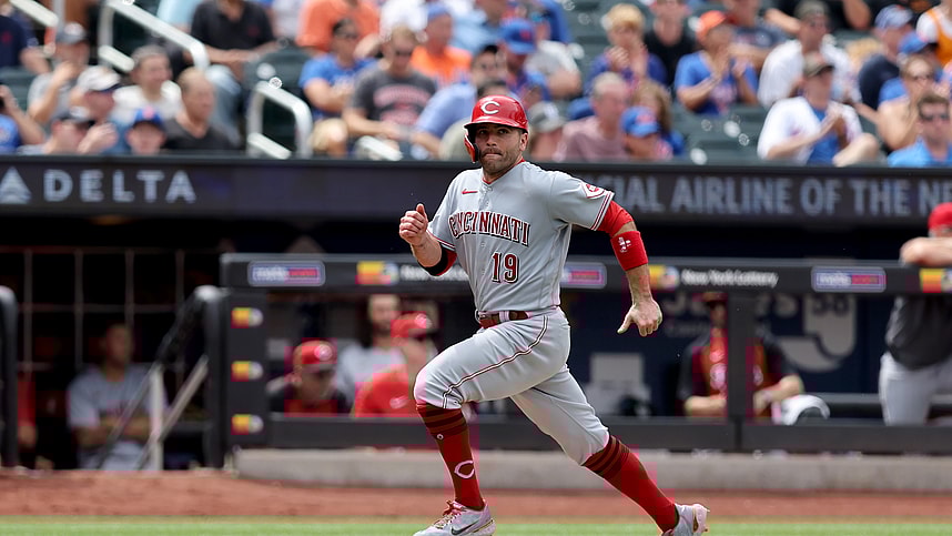 Cincinnati Reds first baseman Joey Votto (19) scores on a sacrifice fly by left fielder Jake Fraley (not pictured) during the fourth inning against the New York Mets at Citi Field
