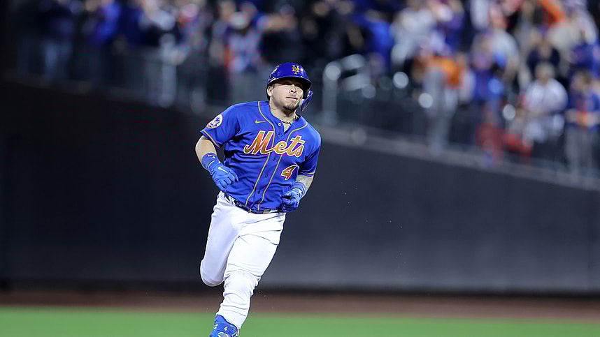 New York Mets catcher Francisco Alvarez (4) rounds the bases after hitting a grand slam home run against the Philadelphia Phillies during the third inning at Citi Field
