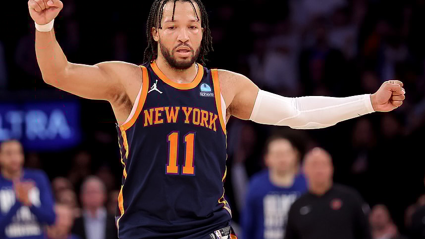 New York Knicks guard Jalen Brunson (11) reacts during the fourth quarter against the Detroit Pistons at Madison Square Garden