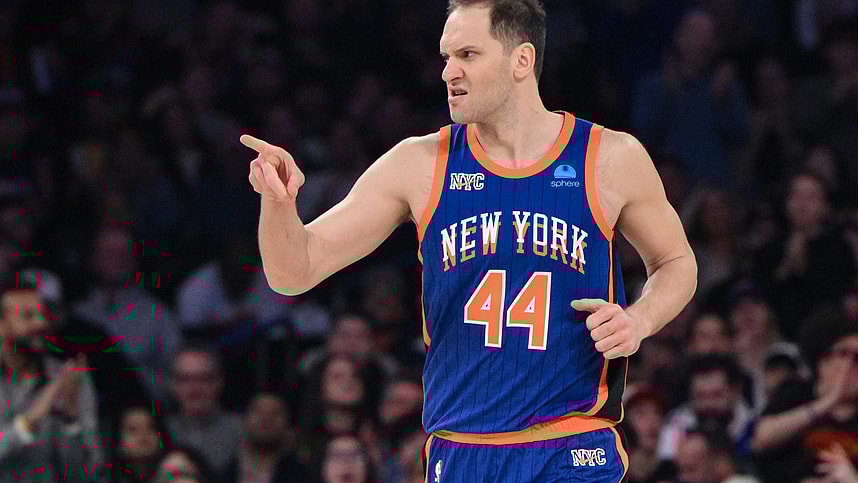 New York Knicks forward Bojan Bogdanovic (44) reacts during the first quarter against the Indiana Pacers at Madison Square Garden