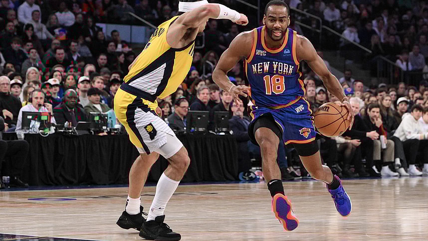 New York Knicks guard Alec Burks (18) drives to the basket as Indiana Pacers guard Andrew Nembhard (2) defends during the fourth quarter at Madison Square Garden