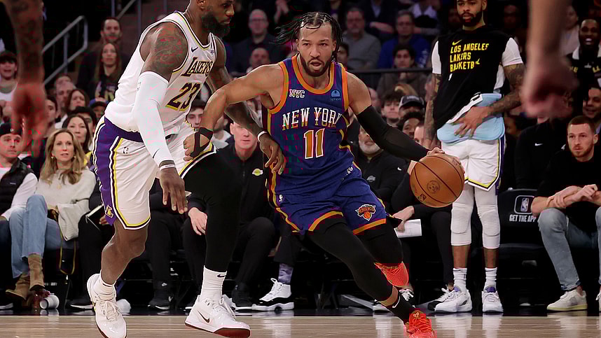 New York Knicks guard Jalen Brunson (11) drives to the basket against Los Angeles Lakers forward LeBron James (23) during the fourth quarter at Madison Square Garden