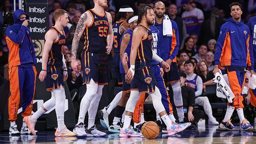 New York Knicks guard Jalen Brunson (11) walks off the court after an injury during the second half against the Memphis Grizzlies at Madison Square Garden