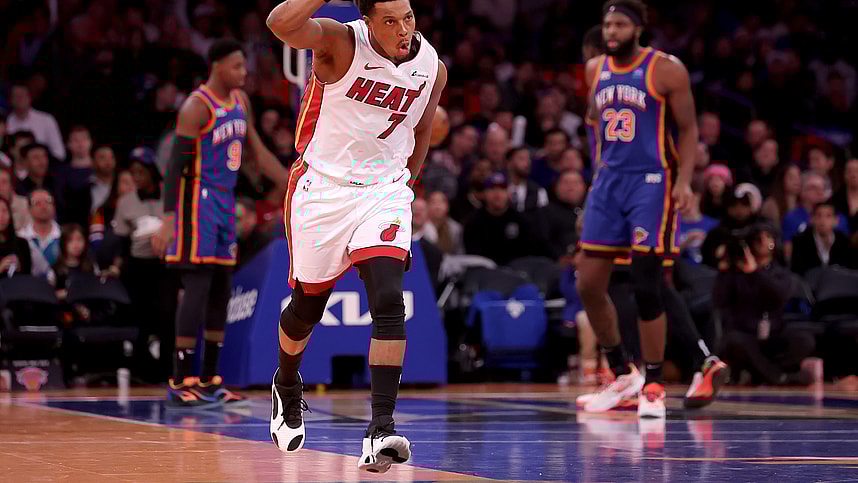 Miami Heat guard Kyle Lowry (7) celebrates his three point shot against the New York Knicks during the third quarter at Madison Square Garden