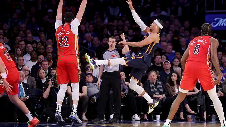 New York Knicks guard Josh Hart (3) is fouled as he shoots by New Orleans Pelicans forward Larry Nance Jr. (22) during the fourth quarter at Madison Square Garden