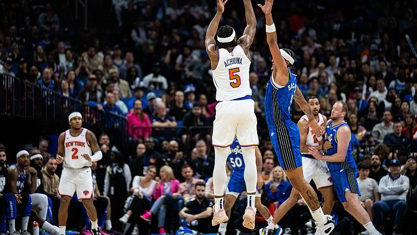 New York Knicks forward Precious Achiuwa (5) shoots the ball over Orlando Magic forward Paolo Banchero (5) in the fourth quarter at KIA Center