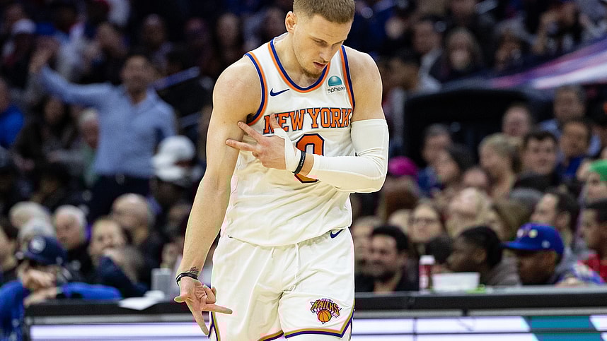 New York Knicks guard Donte DiVincenzo (0) reacts after his three pointer against the Philadelphia 76ers during the fourth quarter at Wells Fargo Center