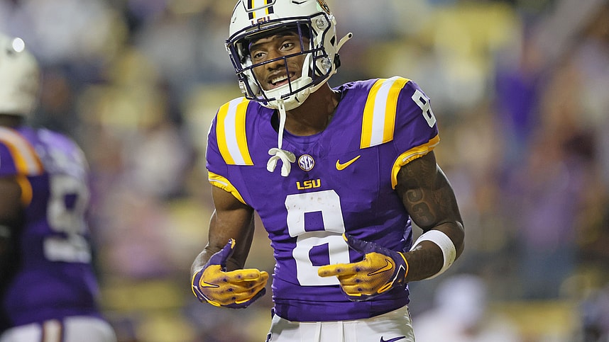 LSU Tigers wide receiver Malik Nabers (8) celebrates his 40-yard touchdown catch in the fourth quarter against the Georgia State Panthers at Tiger Stadium