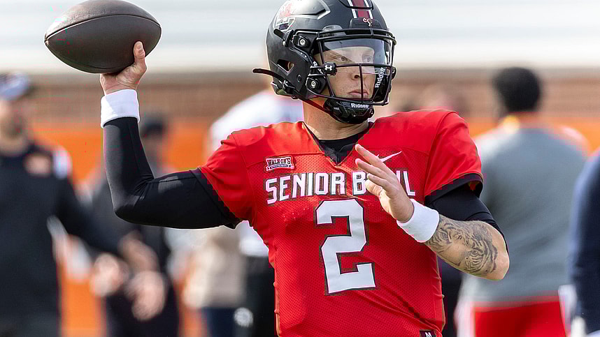 American quarterback Spencer Rattler of South Carolina (2) throws the ball during practice for the American team at Hancock Whitney Stadium (New York Giants draft prospect)
