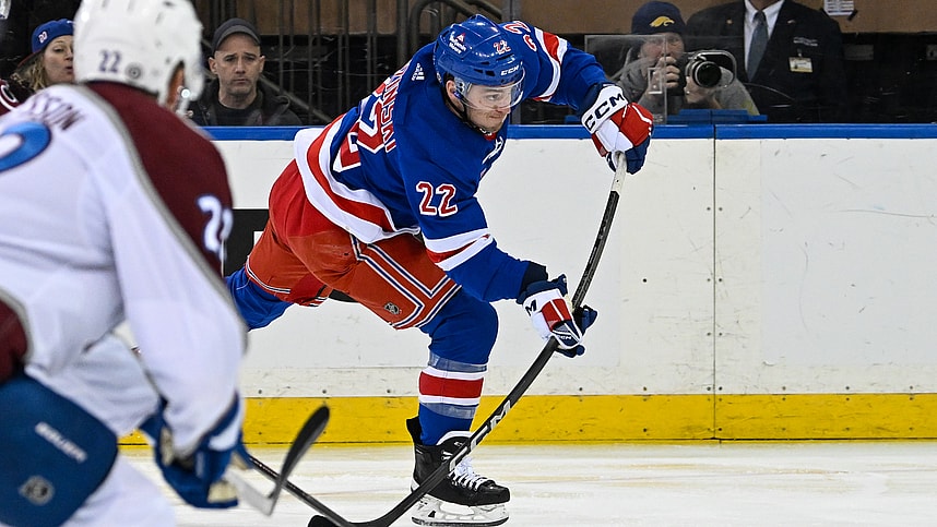 New York Rangers center Jonny Brodzinski (22) attempts a shot against the Colorado Avalanche during the first period at Madison Square Garden