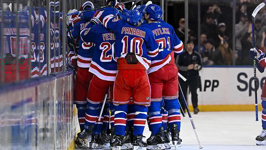 New York Rangers celebrate the 2-1 victory over Colorado Avalanche after the overtime period at Madison Square Garden