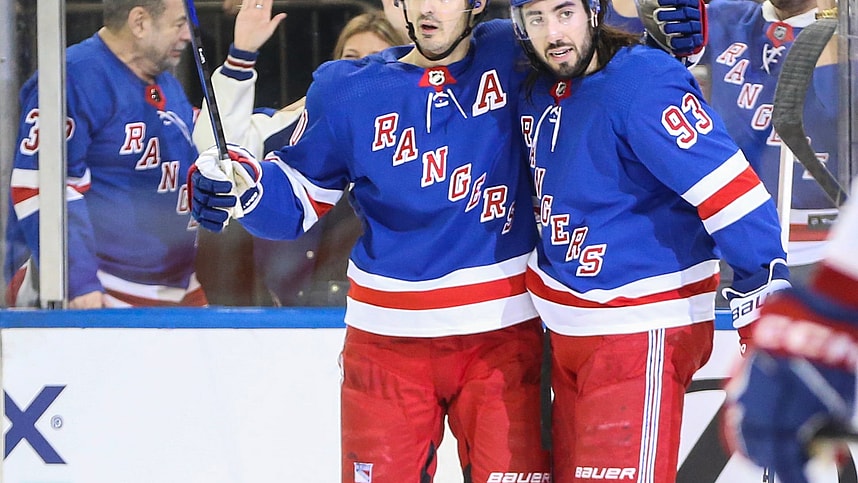 New York Rangers left wing Chris Kreider (20) celebrates with center Mika Zibanejad (93) after scoring a goal in the second period against the Montreal Canadiens at Madison Square Garden