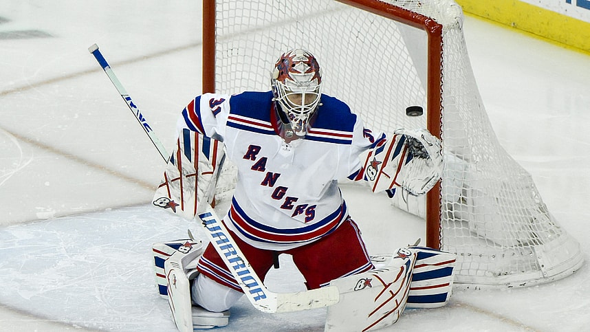 New York Rangers goaltender Igor Shesterkin (31) makes a save against the New Jersey Devils during the third period at Prudential Center