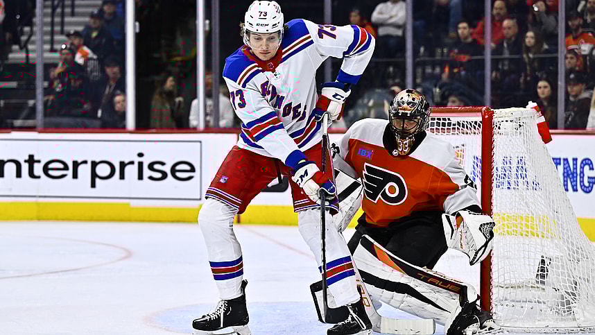 New York Rangers center Matt Rempe (73) looks to deflect the puck against Philadelphia Flyers goalie Samuel Ersson (33) in the second period at Wells Fargo Center