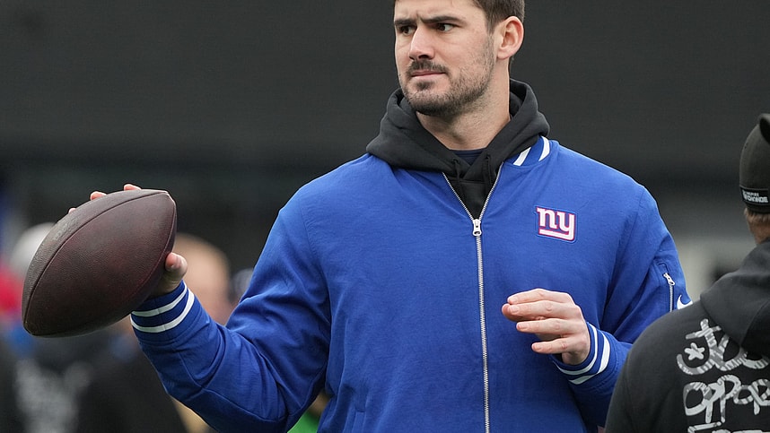 Giants quarterback Daniel Jones on the field during pre game warm ups