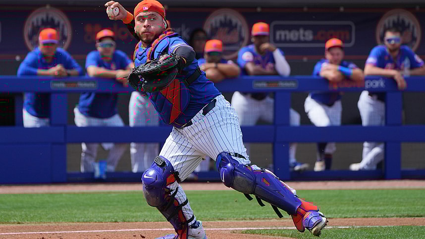 New York Mets catcher Francisco Alvarez (4) picks up a bunt and throws out Detroit Tigers centerfielder Parker Meadows in the fourth inning at Clover Park