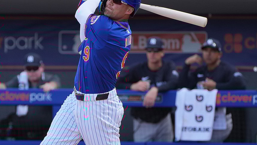 New York Mets center fielder Brandon Nimmo (9) hits a double in the third inning against the New York Yankees at Clover Park