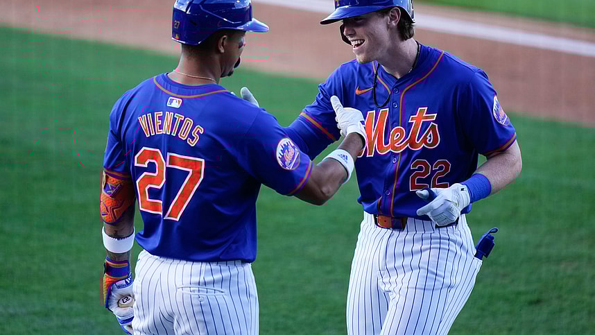 New York Mets third baseman Brett Baty (22) celebrates with New York Mets third baseman Mark Vientos (27) after hitting a home run against the St. Louis Cardinals during the second inning at Clover Park