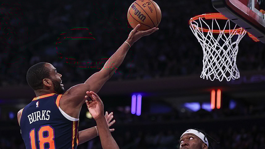 New York Knicks guard Alec Burks (18) drives for a shot against Atlanta Hawks forward Bruno Fernando (24) during the second half at Madison Square Garden