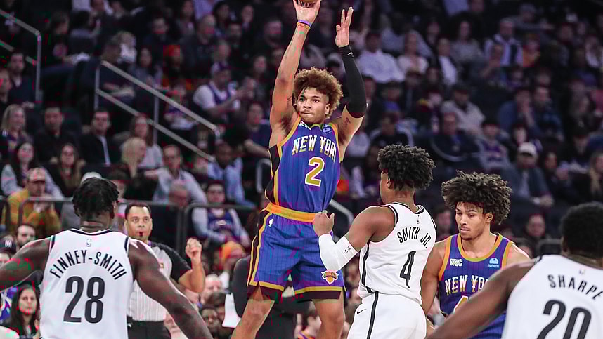 New York Knicks guard Miles McBride (2) takes a three point shot in the first quarter against the Brooklyn Nets at Madison Square Garden