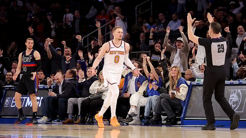 New York Knicks guard Donte DiVincenzo (0) celebrates his three point shot against the Detroit Pistons during the fourth quarter at Madison Square Garden
