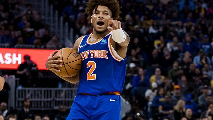New York Knicks guard Miles McBride (2) gestures during the first half of the game against the Golden State Warriors at Chase Center