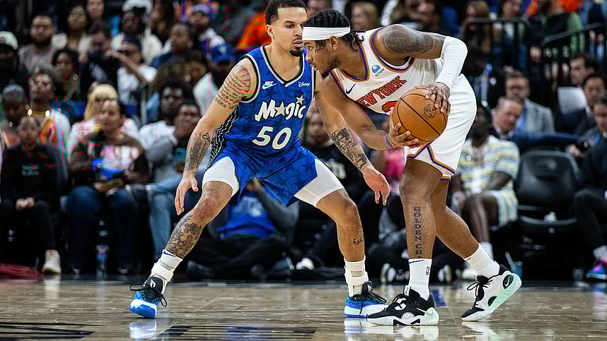 New York Knicks guard Josh Hart (3) dribbles the ball against the Orlando Magic guard Cole Anthony (50) in the fourth quarter at KIA Center. Mandatory Credit