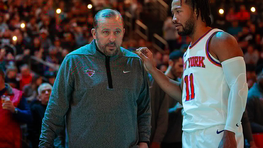 New York Knicks head coach Tom Thibodeau with guard Jalen Brunson (11) against the Phoenix Suns at Footprint Center