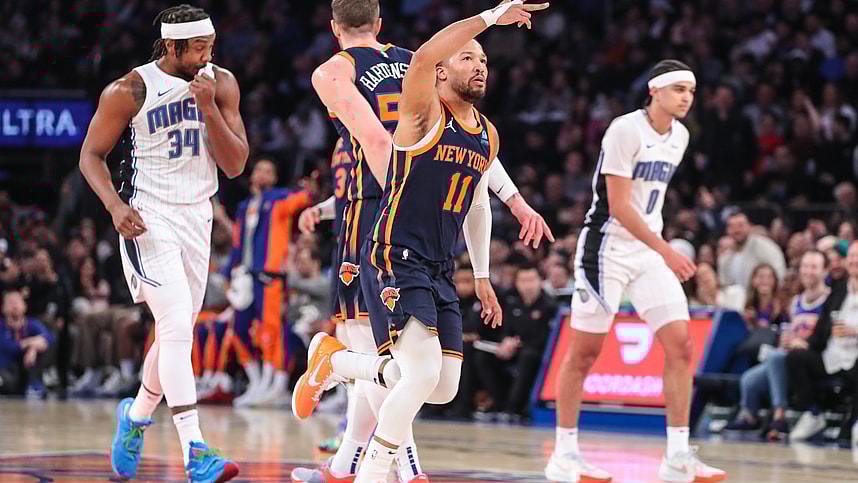 New York Knicks guard Jalen Brunson (11) gestured after making a three point shot in the first quarter against the Orlando Magic at Madison Square Garden