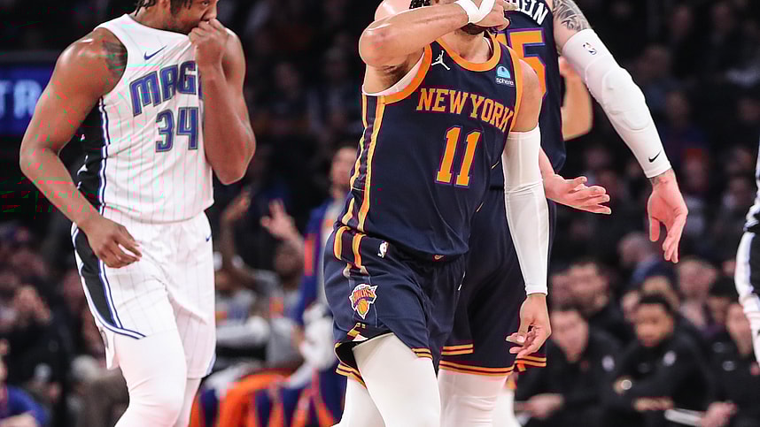 New York Knicks guard Jalen Brunson (11) gestured after making a three point shot in the first quarter against the Orlando Magic at Madison Square Garden