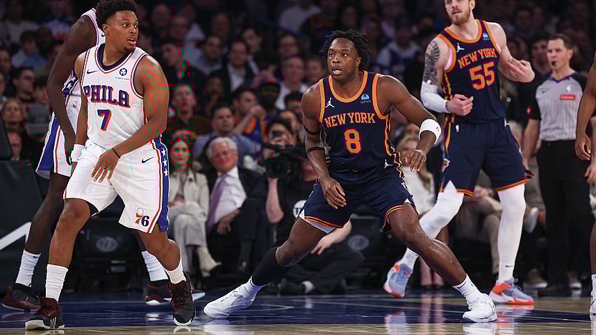 New York Knicks forward OG Anunoby (8) in action against Philadelphia 76ers guard Kyle Lowry (7) during the first quarter at Madison Square Garden