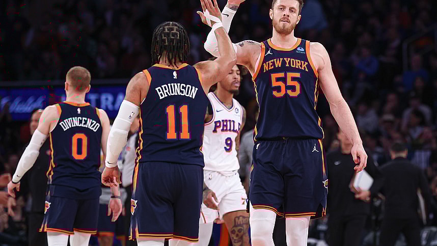 New York Knicks center Isaiah Hartenstein (55) slaps hands with guard Jalen Brunson (11) during the second quarter against the Philadelphia 76ers at Madison Square Garden