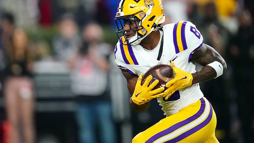 LSU Tigers wide receiver Malik Nabers (8) (New York Giants draft target) hauls in a 46 yard pass for a touchdown against the Alabama Crimson Tide during the first quarter at Bryant-Denny Stadium.
