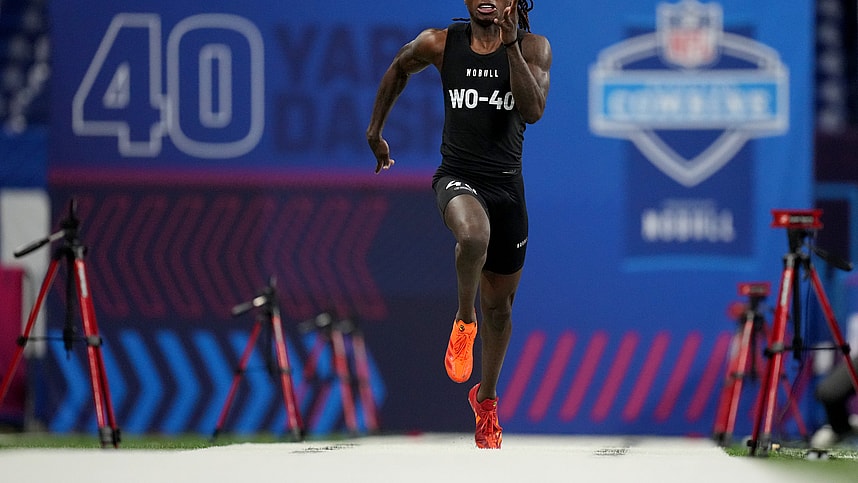 Texas wide receiver Xavier Worthy (New York Giants draft prospect) (WO40) ran an official time of 4.21 seconds to set a combine record during the 2024 NFL Combine at Lucas Oil Stadium.