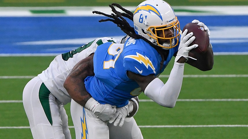 Los Angeles Chargers wide receiver Mike Williams (81) catches a pass against New York Jets cornerback Arthur Maulet (23) during the third quarter at SoFi Stadium