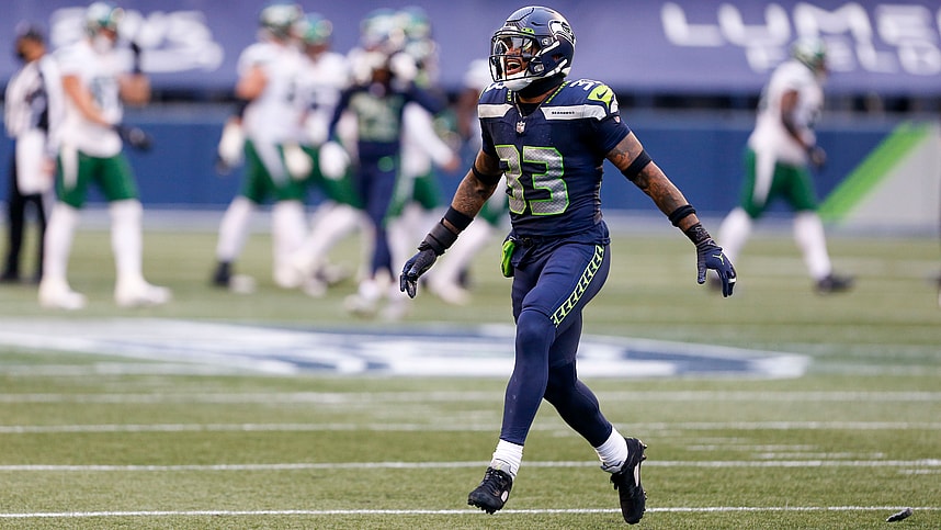 Seattle Seahawks strong safety Jamal Adams (33) reacts following the a missed field goal attempt by the New York Jets during the second quarter at Lumen Field