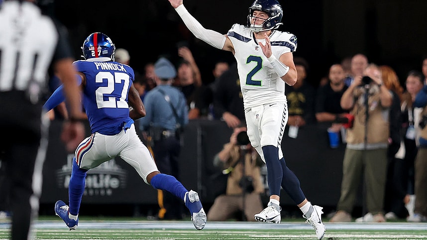 Seattle Seahawks quarterback Drew Lock (2) throws a pass against New York Giants safety Jason Pinnock (27) during the second quarter at MetLife Stadium