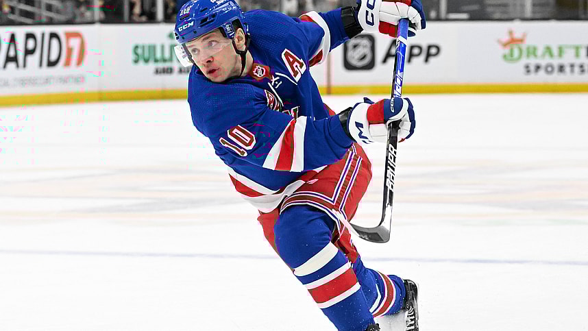 New York Rangers left wing Artemi Panarin (10) takes a shot against the Boston Bruins during the second period at the TD Garden