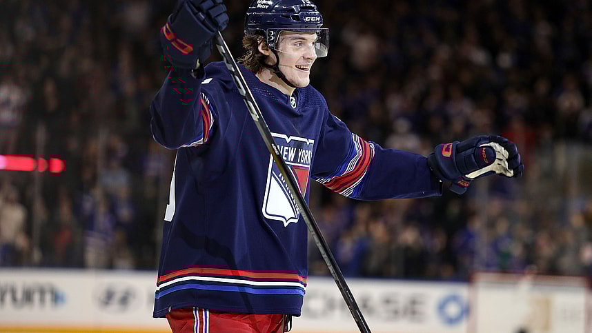New York Rangers center Matt Rempe (73) celebrates a goal that was later overturned by replay during the second period against the St. Louis Blues at Madison Square Garden