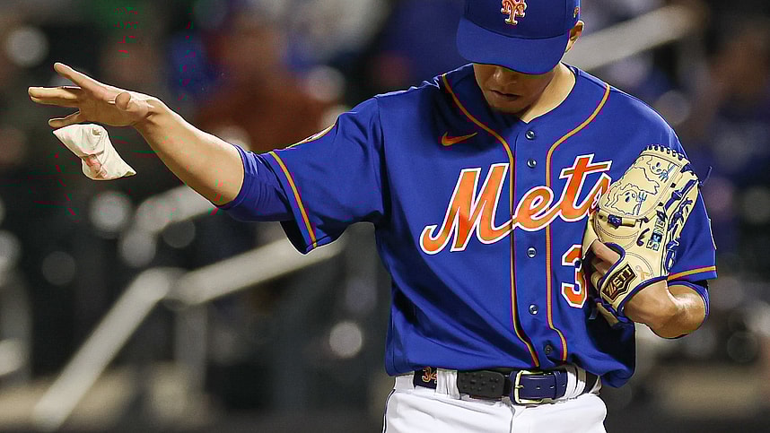 Sep 27, 2023; New York, NY, USA; New York Mets starting pitcher Kodai Senga (34) drops a rosin bag during the fifth inning against the Miami Marlins at Citi Field. Mandatory Credit: Vincent Carchietta-USA TODAY Sports