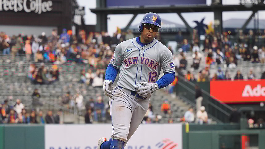Apr 24, 2024; San Francisco, California, USA; New York Mets shortstop Francisco Lindor (12) rounds third base on a two-run home run against the San Francisco Giants during the ninth inning at Oracle Park. Mandatory Credit: Kelley L Cox-USA TODAY Sports