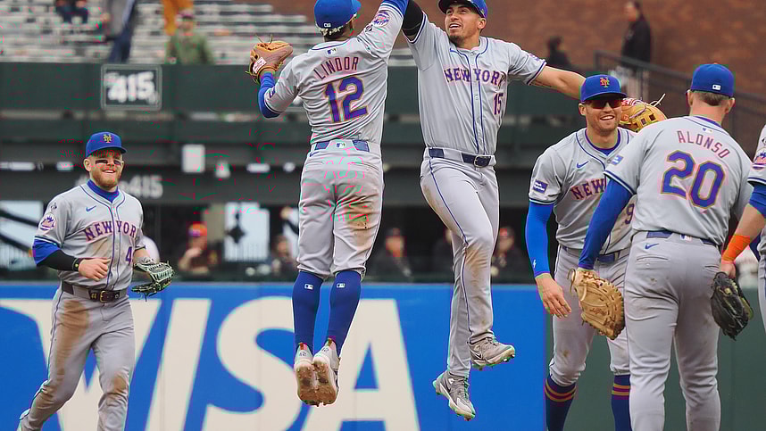 Apr 24, 2024; San Francisco, California, USA; New York Mets shortstop Francisco Lindor (12) high fives right fielder Tyrone Tyler (15) after the game against the San Francisco Giants at Oracle Park. Mandatory Credit: Kelley L Cox-USA TODAY Sports