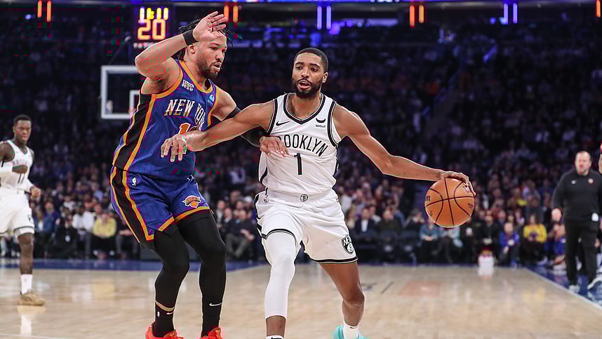 Brooklyn Nets forward Mikal Bridges (1) looks to drive past New York Knicks guard Jalen Brunson (11) in the first quarter at Madison Square Garden