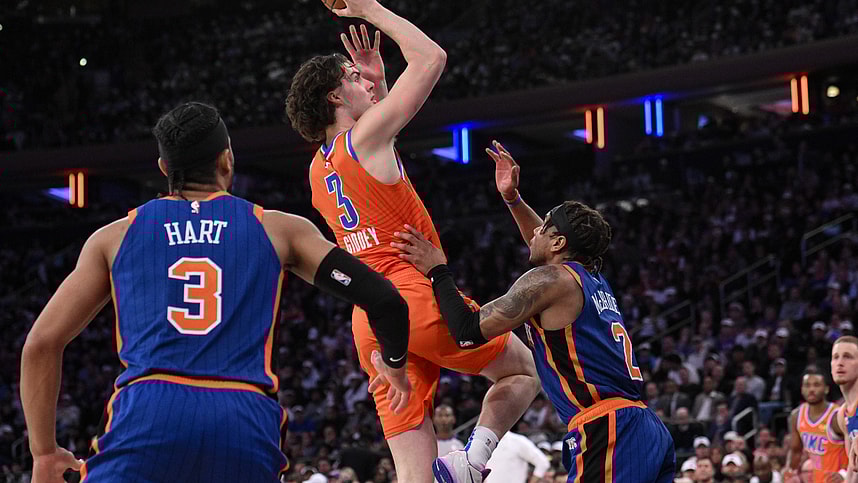 Oklahoma City Thunder guard Josh Giddey (3) shoots the ball against New York Knicks guard Miles McBride (2) during the fourth quarter at Madison Square Garden