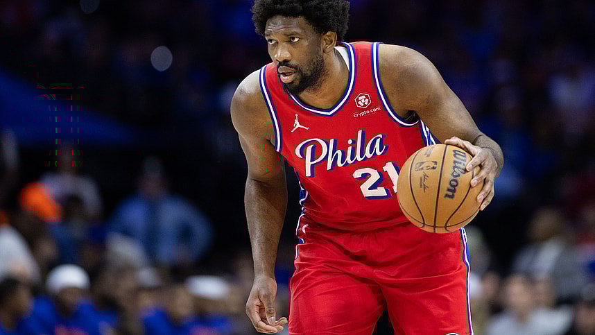 Apr 28, 2024; Philadelphia, Pennsylvania, USA; Philadelphia 76ers center Joel Embiid (21) dribbles the ball against the New York Knicks during the first half of game four of the first round in the 2024 NBA playoffs at Wells Fargo Center. Mandatory Credit: Bill Streicher-USA TODAY Sports