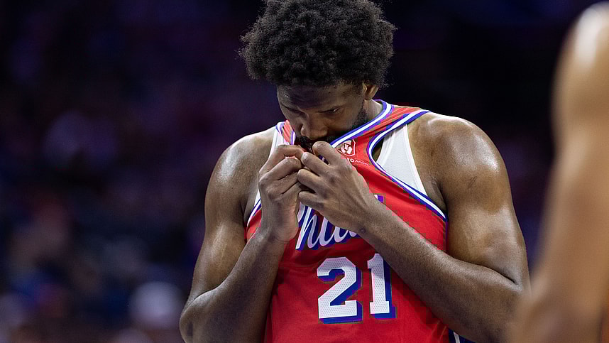 Apr 28, 2024; Philadelphia, Pennsylvania, USA; Philadelphia 76ers center Joel Embiid (21) prepares to take a foul shot against the New York Knicks during the first half of game four of the first round in the 2024 NBA playoffs at Wells Fargo Center. Mandatory Credit: Bill Streicher-USA TODAY Sports