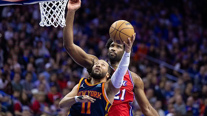 Apr 28, 2024; Philadelphia, Pennsylvania, USA; New York Knicks guard Jalen Brunson (11) drives against Philadelphia 76ers center Joel Embiid (21) during the second half of game four of the first round in the 2024 NBA playoffs at Wells Fargo Center. Mandatory Credit: Bill Streicher-USA TODAY Sports