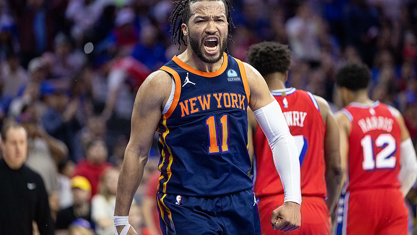 Apr 28, 2024; Philadelphia, Pennsylvania, USA; New York Knicks guard Jalen Brunson (11) reacts after scoring against the Philadelphia 76ers during the fourth quarter of game four of the first round in the 2024 NBA playoffs at Wells Fargo Center. Mandatory Credit: Bill Streicher-USA TODAY Sports